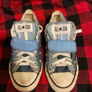 Blue and plaid double tongue converse